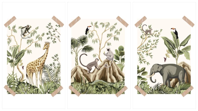 Poster set jungle kinderkamer babykamer - giraffe olifant apen