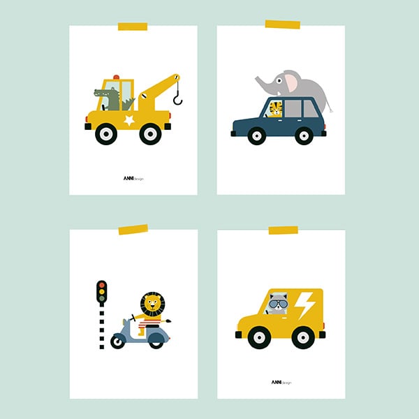 Posterset kinderkamer auto voertuigen met dieren onderweg - wit