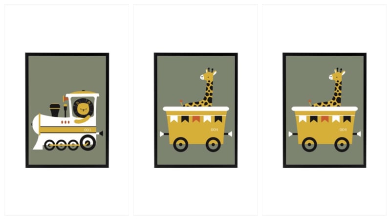 Poster trein wagon met giraffe - olijfgroen