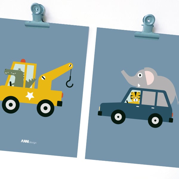 Posterset kinderkamer takelwagen dieren onderweg - jeansblauw