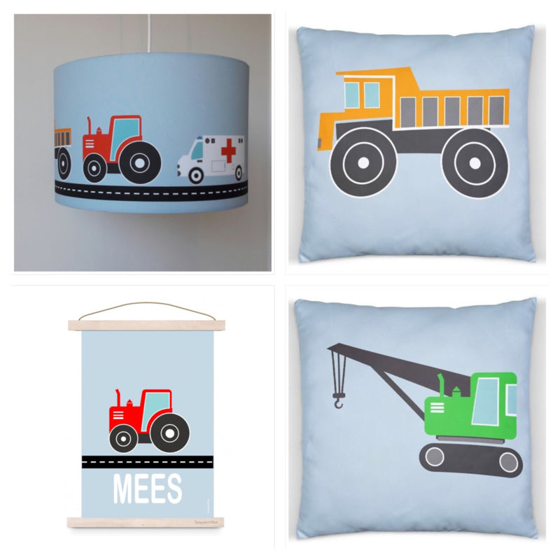 Kinderkamer aankleding en decoratie set - auto voertuigen kamer blauw (met lamp)
