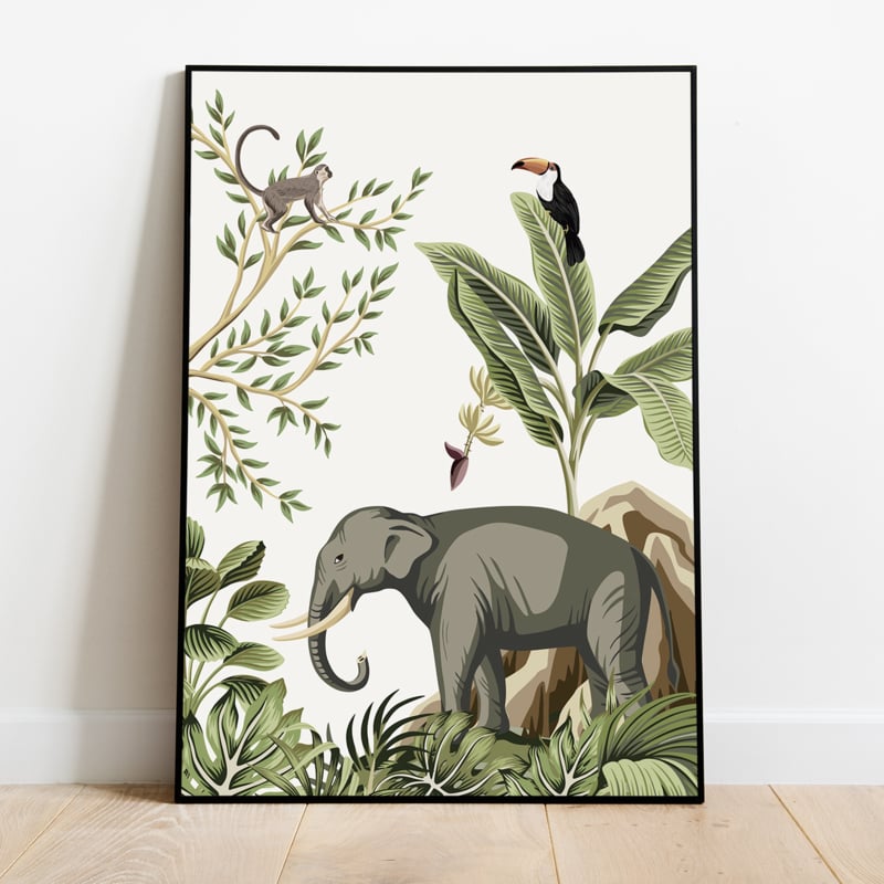 Poster set jungle kinderkamer babykamer - giraffe olifant apen
