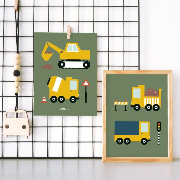 Posterset bouw voertuigen voor kinderkamer - olijfgroen