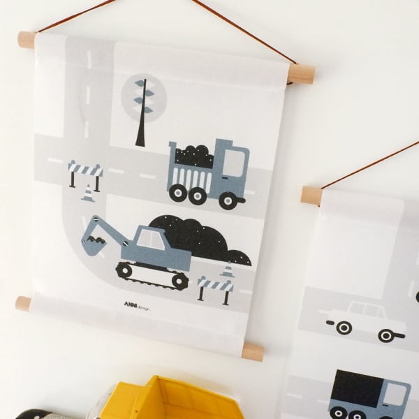Textielposter graafmachine voertuigen kinderkamer - jeans blauw