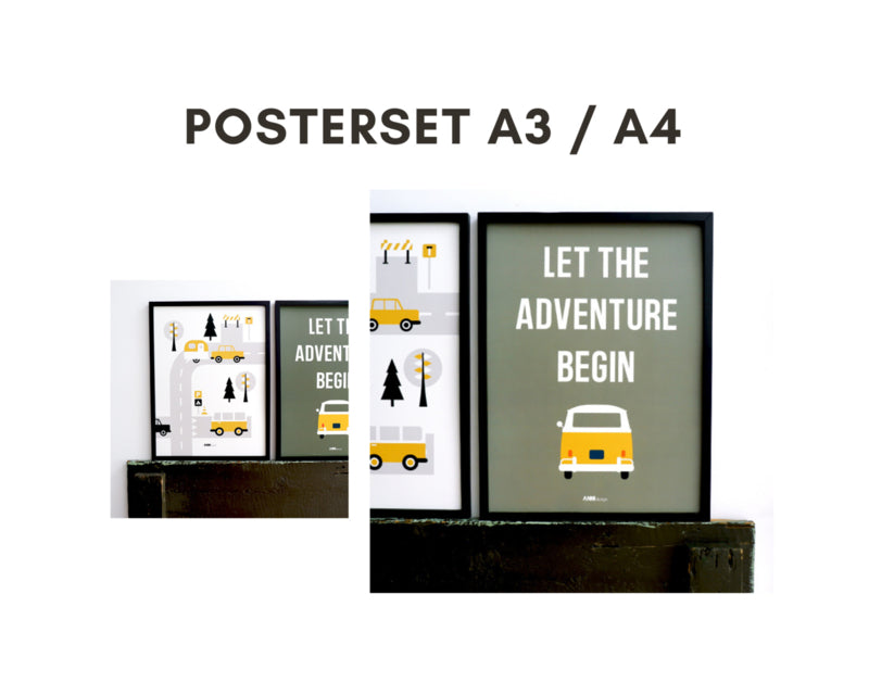 Poster set VW bus kinderkamer - oker olijfgroen