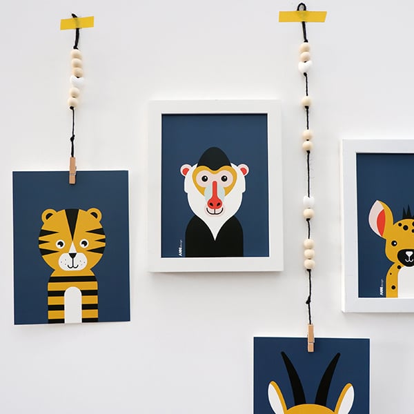 Posterset safari jungle dieren Tijger + Baviaan - donker blauw 15x20 cm