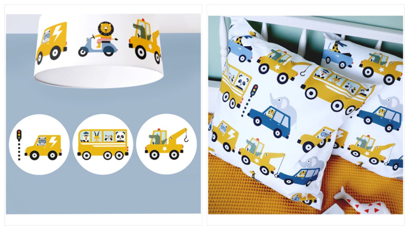 Kinderkamer aankleding en decoratie set - dieren onderweg (met lamp)