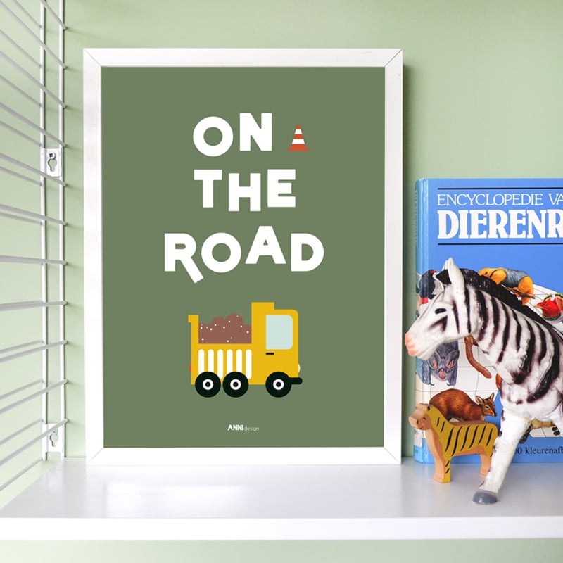 Poster kinderkamer voertuigen met tekst on the road - olijfgroen