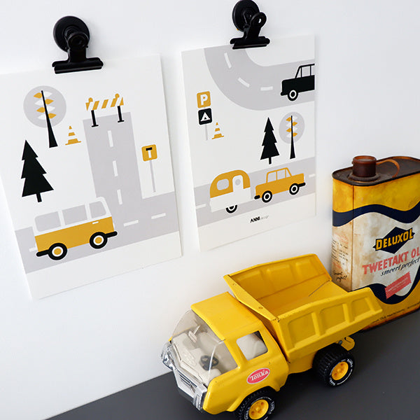 Posterset kinderkamer Caravan voertuigen - oker geel 15x20 cm
