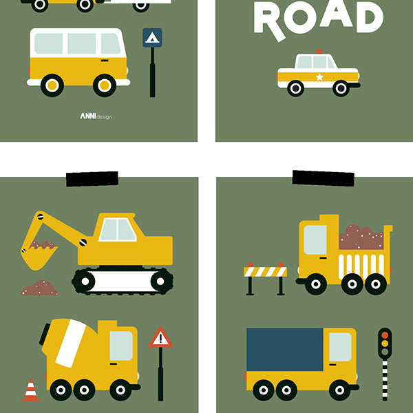 Posterset kinderkamer voertuigen on the road - olijfgroen