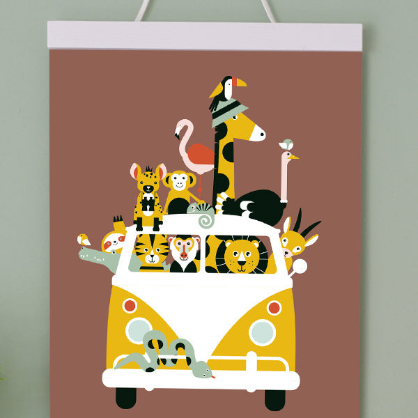 Poster kinderkamer VW bus met safari jungle dieren  -  terracotta bruin