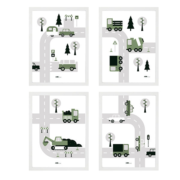 Poster set voertuigen kinderkamer - 4 luik olijfgroen