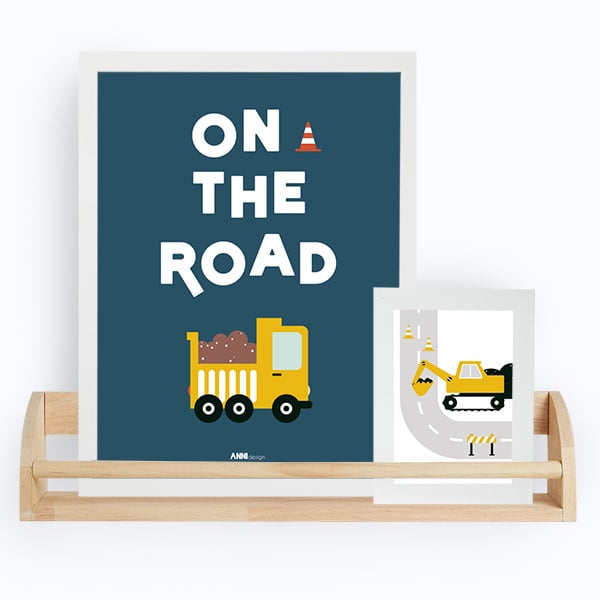 Poster kinderkamer voertuigen met tekst on the road - donkerblauw