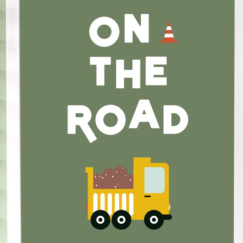 Poster kinderkamer voertuigen met tekst on the road - olijfgroen