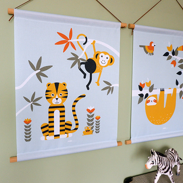 Textielposter jungle kinderkamer aap + tijger - mint