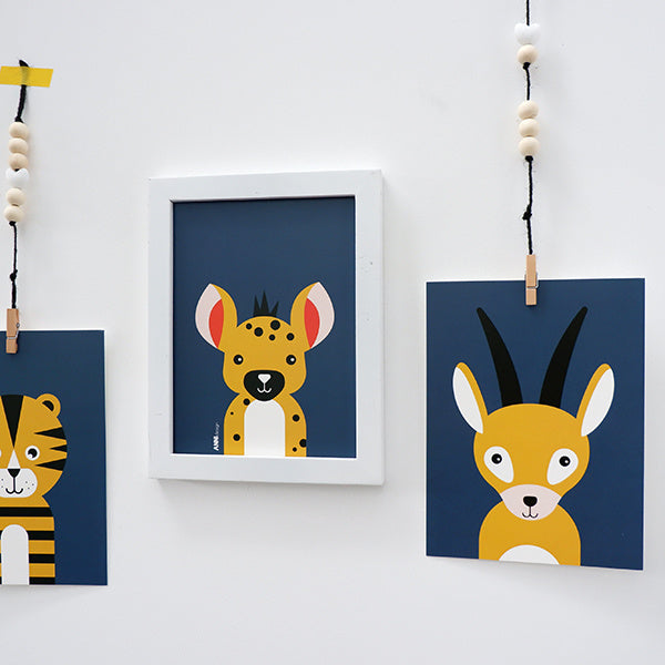 Posterset safari jungle dieren Gazelle + Hyena - donker blauw 15x20 cm