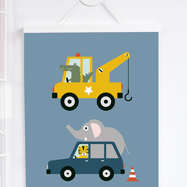 Poster kinderkamer takelwagen auto voertuigen - jeansblauw