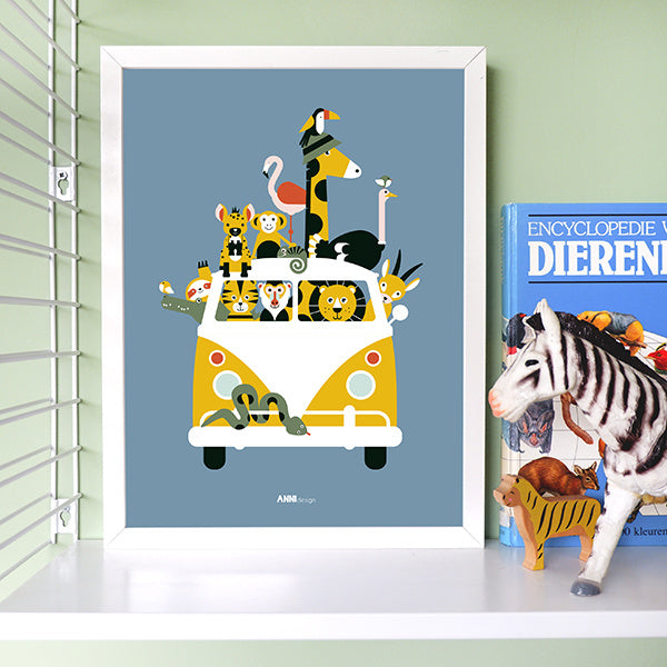 Poster kinderkamer VW bus met safari jungle dieren - jeansblauw