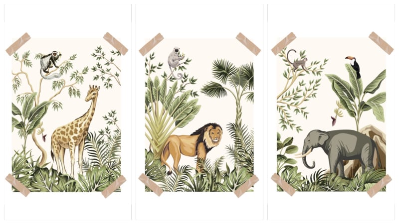 Poster set jungle kinderkamer babykamer - giraffe olifant leeuw