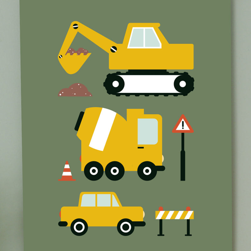 Poster kinderkamer voertuigen on the road - olijfgroen