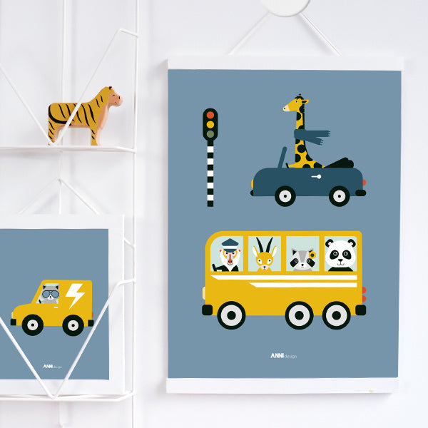 Poster kinderkamer auto bus voertuigen - jeansblauw