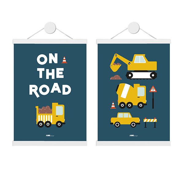 Posterset kinderkamer voertuigen on the road - donkerblauw