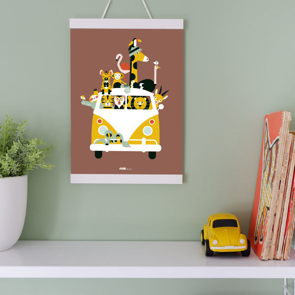 Poster kinderkamer VW bus met safari jungle dieren - terracotta bruin