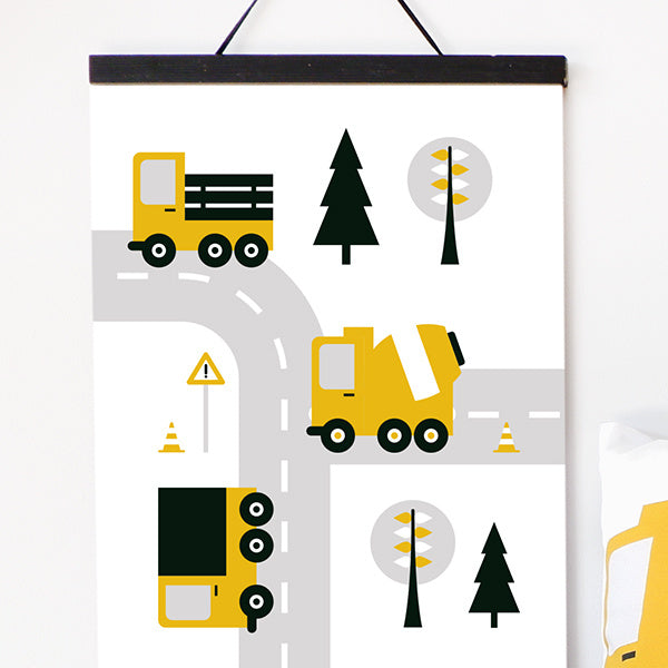 Poster vrachtwagen voertuigen kinderkamer - oker