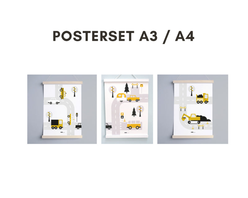 Posterset drieluik voertuigen kinderkamer - oker