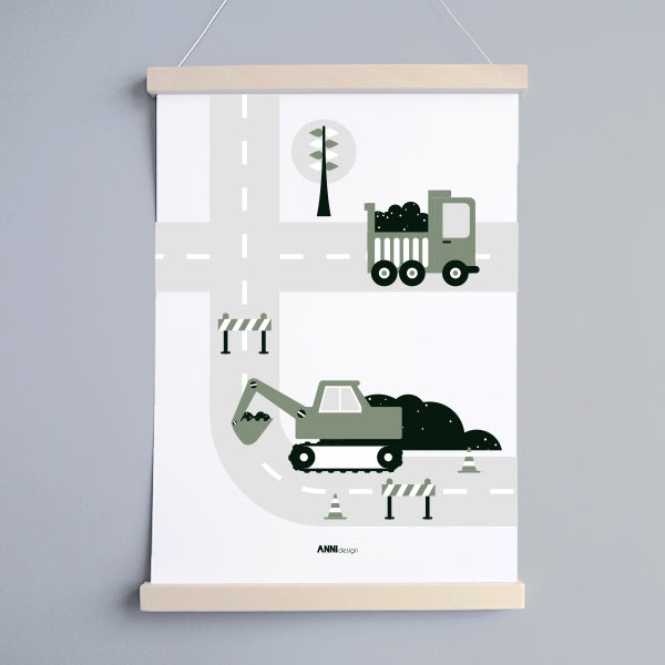 Posterset drieluik voertuigen kinderkamer - olijfgroen