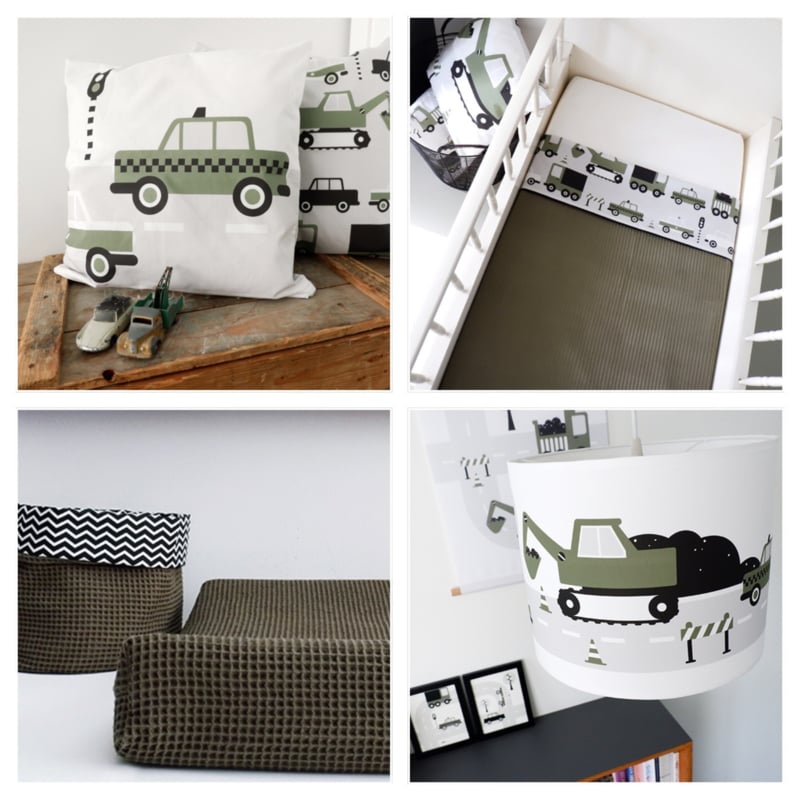 Babykamer aankleding en decoratie set - Voertuigen olijfgroen (met lamp)