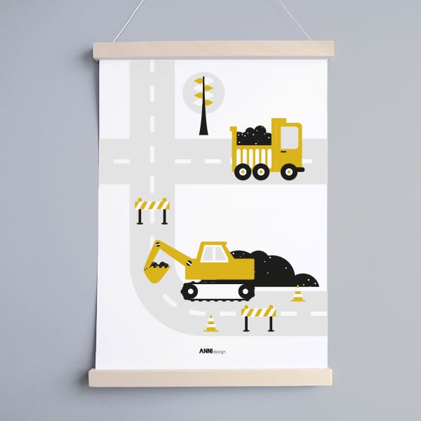 Poster voertuigen graafmachine kinderkamer - oker geel A3