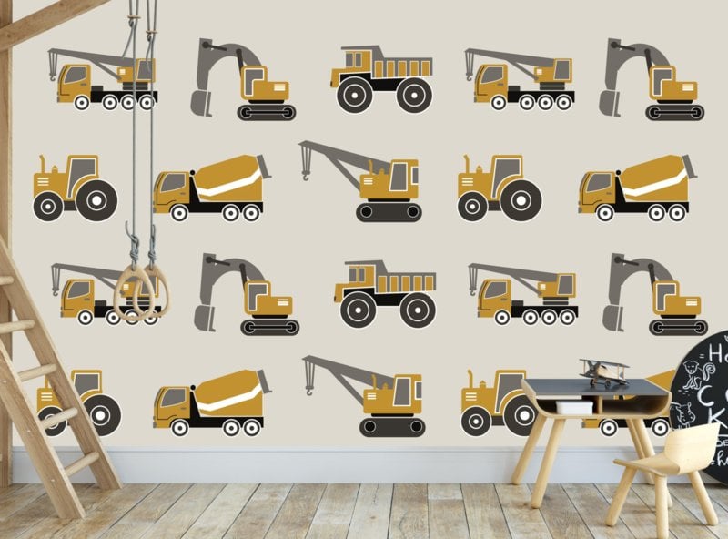 Behang kinderkamer voertuigen oker