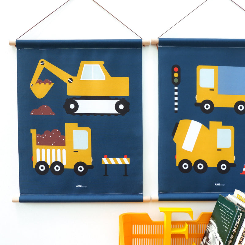 Textielposter graafmachine + kiepwagen voertuigen kinderkamer - donkerblauw