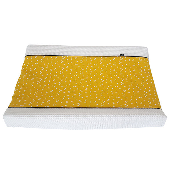 Aankleedkussenhoes wafelstof wit - oker triangel