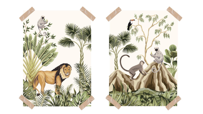 Poster set jungle kinderkamer babykamer - leeuw en apen