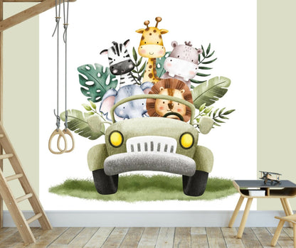 Behang babykamer jungle dieren in safari jeep