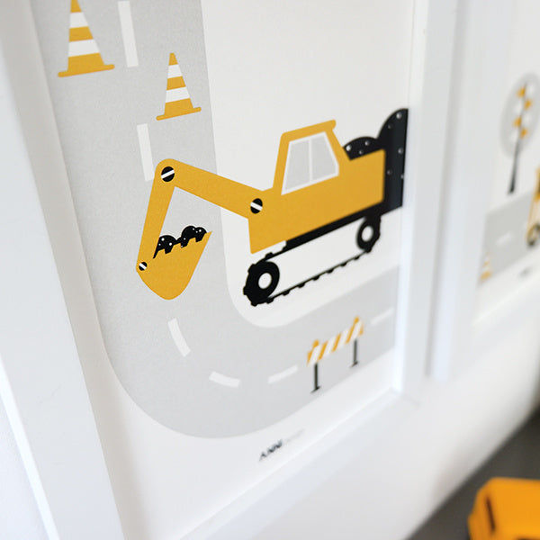 Posterset voertuigen graafmachine  kinderkamer - oker geel 15x20 cm