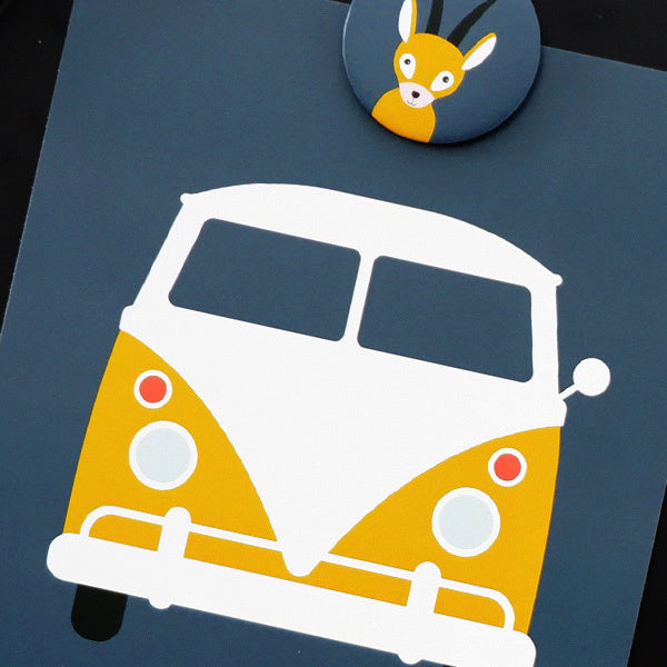Posterset safari VW bus - donker blauw 15x20 cm