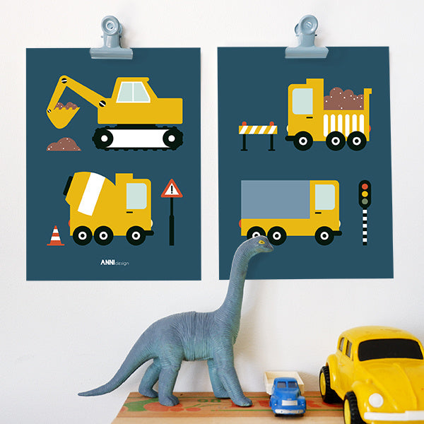 Posterset bouw voertuigen voor kinderkamer - donkerblauw