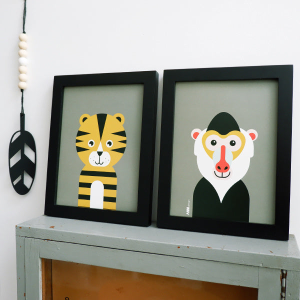 Posterset safari jungle dieren Tijger + Baviaan - olijf groen 15x20 cm