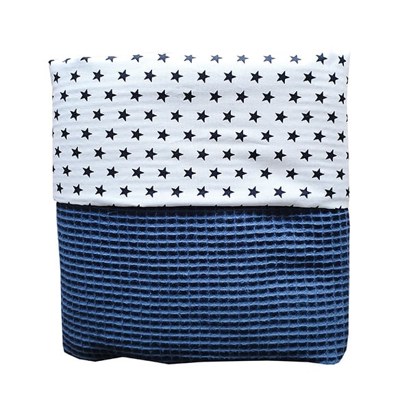 Ledikantdeken wafelstof donker oudblauw - zwart wit sterrentjes