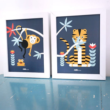 Posterset jungle  kamer aap + tijger - donkerblauw 15x20 cm
