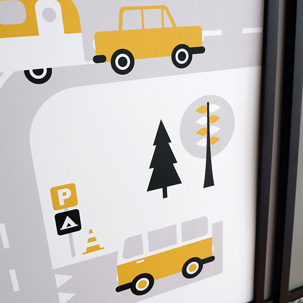 Poster kinderkamer caravan voertuigen - oker geel