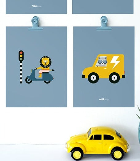 Posterset kinderkamer scooter dieren onderweg - jeansblauw