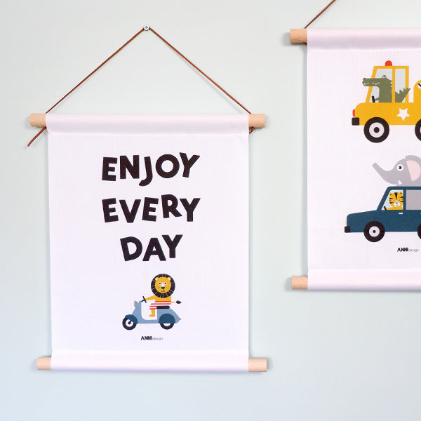 Textielposter kinderkamer Dieren onderweg tekst - wit