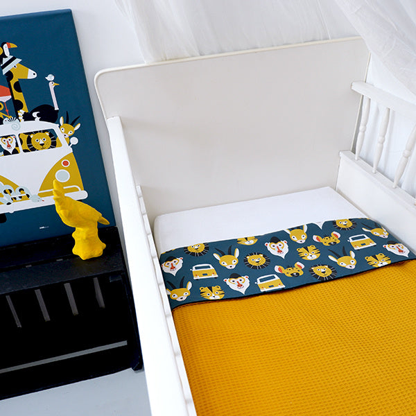 Ledikantdeken safari donkerblauw - wafelstof oker geel