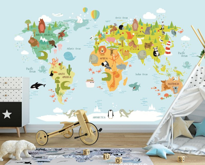Wereldkaart behang kinderkamer - lichtblauw