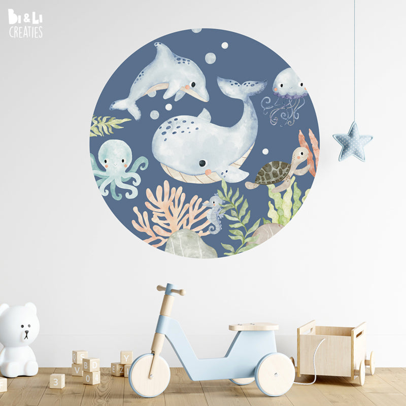 Muurcirkel kinderkamer onderwater wereld - blauw