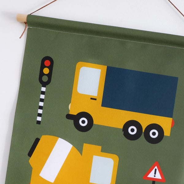 Textielposter met vrachtwagen voertuigen kinderkamer - olijfgroen
